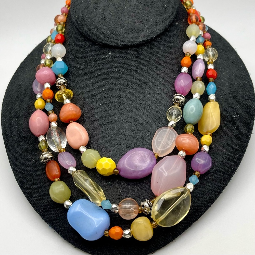 Colorful Vintage Triple Strand Necklace Various Shapes and Colors Beads